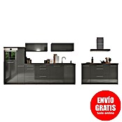 Respekta Premium Cocina de isla (Ancho: 310 cm, Con dispositivos eléctricos, Gris de alto brillo)