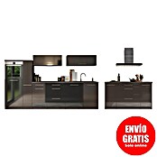 Respekta Premium Cocina de isla (Ancho: 310 cm, Con dispositivos eléctricos, Negro de alto brillo)