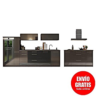 Respekta Premium Cocina de isla Amanda (Ancho: 310 cm, Roble/Negro, Con electrodomésticos)