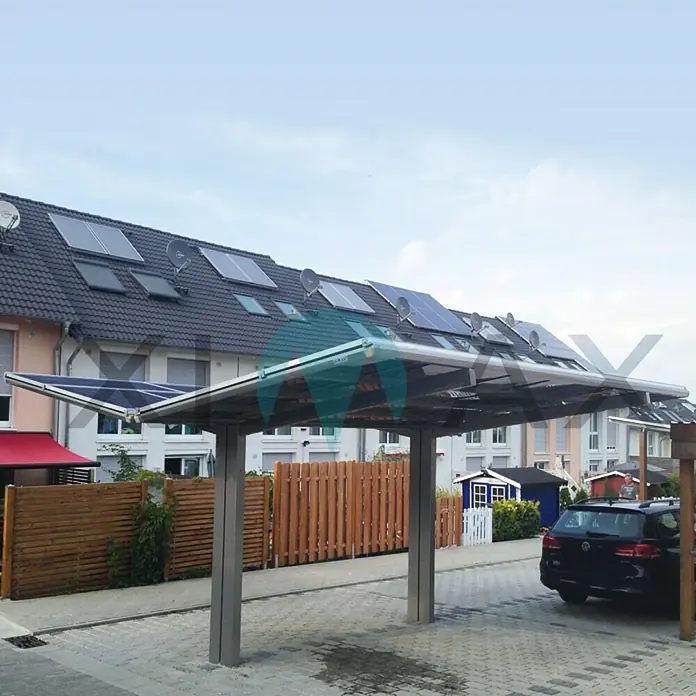 Ximax Carport LINEA Y 110 - Außenmaß inkl. Dachüberstand (B x T): 5,48 x 4,95 m, Doppelcarport, Edelstahloptik, Schneelast: 137 kg/m² - Solarcarport mit Paneelen auf einem Hausdach. Stromerzeugung & Unterstand für Fahrzeuge in einem Produkt.