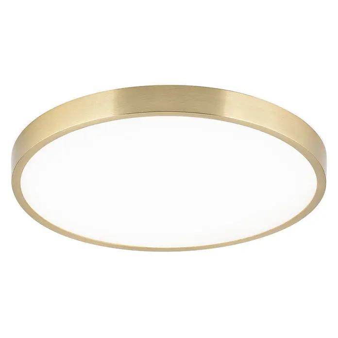 Orion Leuchten LED-Panel rund -  - Runde, flache Deckenleuchte mit gebürstetem messingfarbenem Metallrahmen und weißem Diffusor.
