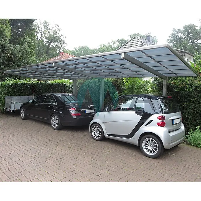 Ximax Carport LINEA Tandem 110 - Außenmaß inkl. Dachüberstand (B x T): 2,73 x 9,83 m, Doppelcarport, Edelstahloptik, Schneelast: 137 kg/m² - Carport mit zwei Autos darunter. Der Carport bietet Schutz vor Witterungseinflüssen und sorgt für einen trockenen Stellplatz.