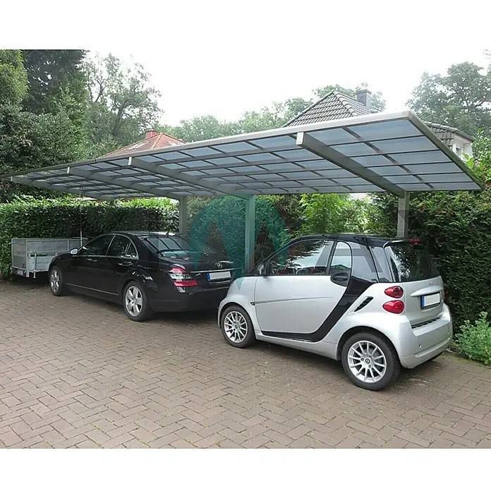 Ximax Carport LINEA Tandem 60 - Außenmaß inkl. Dachüberstand (B x T): 2,73 x 9,83 m, Doppelcarport, Edelstahloptik, Schneelast: 75 kg/m² - Carport mit zwei Autos darunter. Der Carport bietet Schutz vor Witterungseinflüssen und sorgt für einen trockenen Stellplatz.