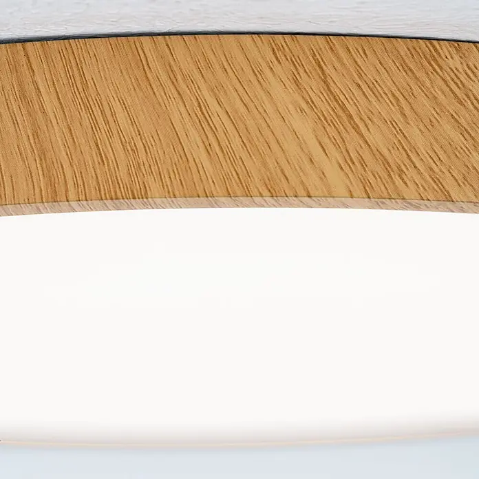 Orion Leuchten LED-Panel rund -  - Leuchte mit hellem Holzdekorrand und weißem, beleuchtetem Diffusor.