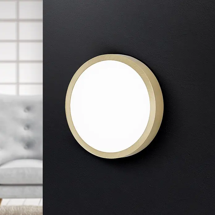 Orion Leuchten LED-Panel rund -  - Rundes, gebürstetes Messing LED-Wandlicht mit weißem Diffusor an dunkler Wand.