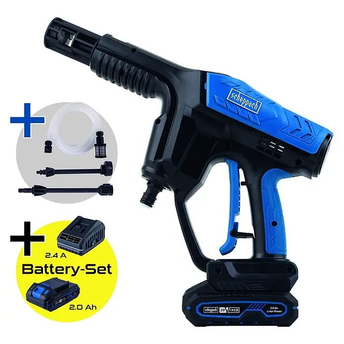 Scheppach IXES 20V Akku-Druckreiniger C-HPG35-X Set S - 20 V, 1 Akku, 2 Ah, 180 l/h - Schwarz-blauer Akku-Hochdruckreiniger mit befestigter 20V Batterie, separatem Akku-Set, Schlauch und zwei Düsen.
