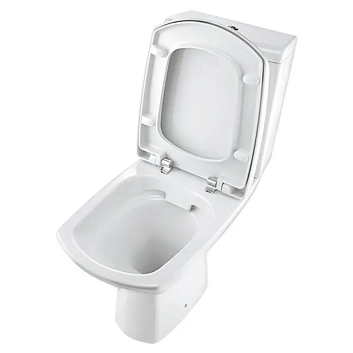 Stand-WC-Kombination Carina - Spülrandlos, Ohne Spezialglasur, Spülform: Tief, WC Abgang: Waagerecht, Weiß - Nahaufnahme einer weißen Toilette mit offenem Deckel. Das WC steht für Hygiene und modernes Baddesign.
