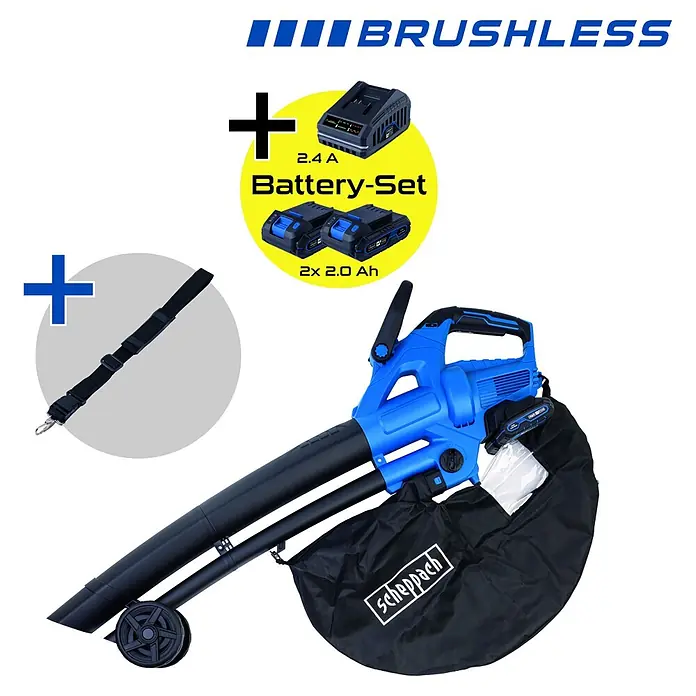 Scheppach IXES 20V Akku-Laubsauger & -Laubbläser BC-BLV720-X Set S2 - 40 V, 2 Akkus, 2 Ah, Blasleistung: 720 m³/min, Blasgeschwindigkeit: 210 km/h - Blauer und schwarzer bürstenloser Akku-Laubbläser/Sauger mit Rädern, Schultergurt, Ladegerät (2.4A) und zwei 2.0 Ah Akkus.