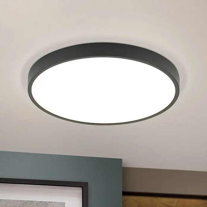 Orion Leuchten LED-Panel rund -  - Runde, dunkelgraue LED-Deckenleuchte an der Decke, die helles, gleichmäßiges Licht spendet.