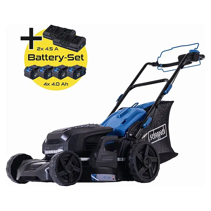 Scheppach IXES 20V Akku-Rasenmäher BC-MP470-X Set - 40 V, 4 Akkus, 4 Ah, Schnittbreite: 470 mm - Scheppach Akku-Rasenmäher in Schwarz-Blau, mit 4x 4.0 Ah Akkus und 2x 4.5 A Ladegeräten, 47 cm Schnittbreite.