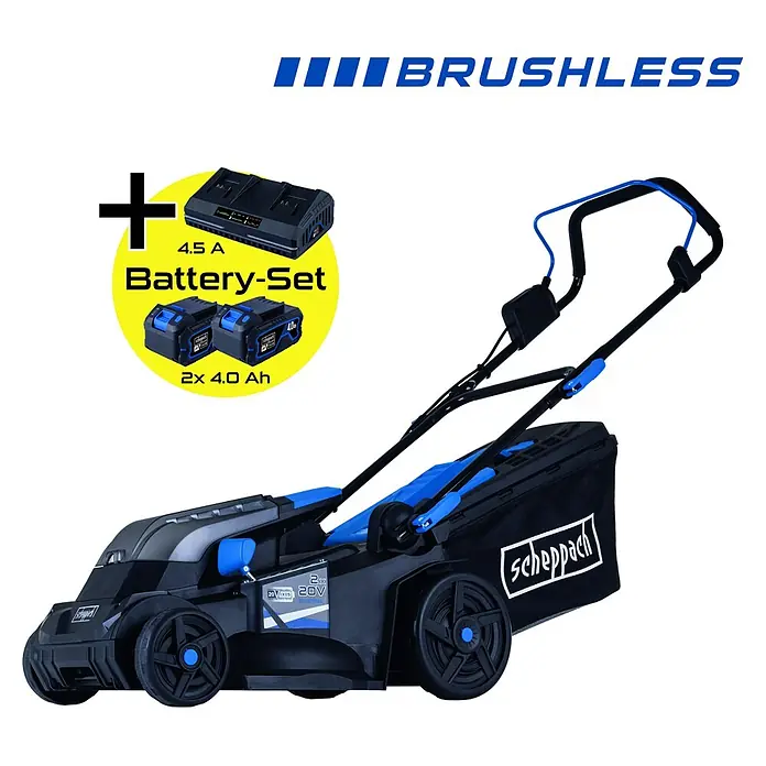 Scheppach IXES 20V Akku-Rasenmäher BC-MP380-X - 40 V, 2 Akkus, 4 Ah, Schnittbreite: 38 cm - Schwarz-blauer Akku-Rasenmäher mit bürstenlosem Motor, inkl. 4,5A Ladegerät und zwei 20V 4,0Ah Akkus.