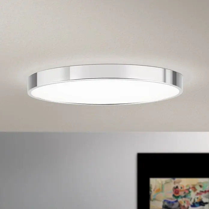 Orion Leuchten LED-Panel rund -  - Runde LED-Deckenleuchte mit Chromrahmen und weißem Diffusor, bündig an der Decke montiert.