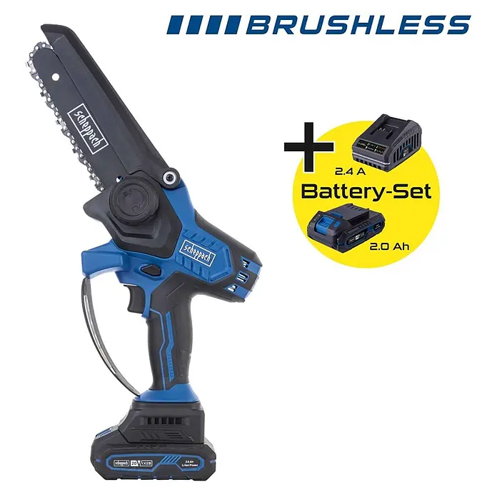 Scheppach IXES 20V Einhand-Akku-Kettensäge BC-PS150-X Set S - 20 V, 2 Ah, Li-Ionen, 1 Akku - Blau-schwarze, bürstenlose Akku-Mini-Kettensäge mit Akku-Set (2.4A und 2.0Ah Akkus).