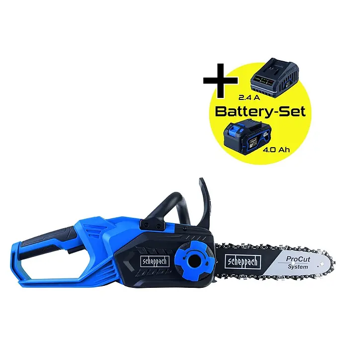 Scheppach IXES 20V Akku-Kettensäge C-CS254-X Set L - 20 V, 4 Ah, Li-Ionen, 1 Akku, Schwertlänge: 20 cm - Blau-schwarze Akku-Kettensäge mit 4,0 Ah Akku und 2,4 A Ladegerät.