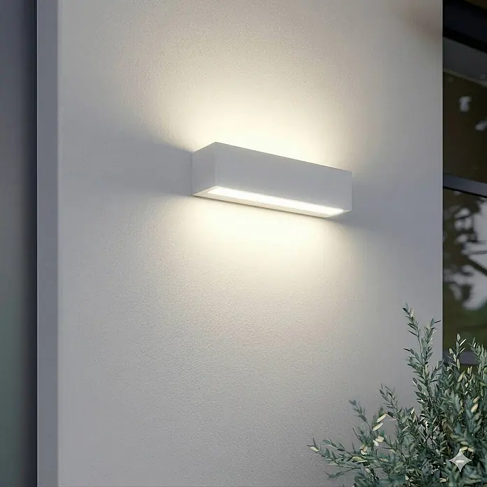 Lucande Außenwandleuchte Lengo - 6 x 25 x 6 cm, weiß / opal, IP65 - Rechteckige weiße Außenwandleuchte beleuchtet eine strukturierte Wand, montiert nahe Fenster und Grün.