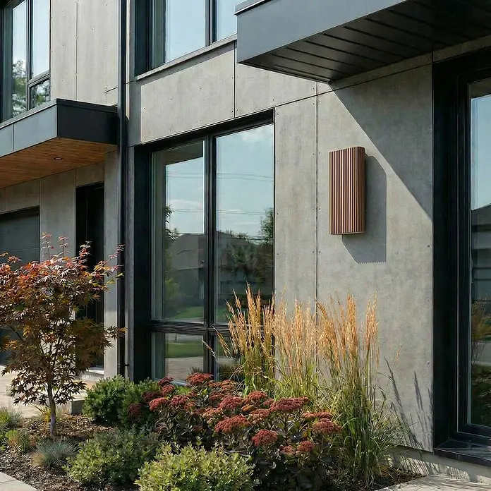 Lucande Außenwandleuchte Raija - braun / rost, IP54 - Rechteckige Wandleuchte aus Holzlamellen an moderner Betonfassade, wirft einen Schatten.