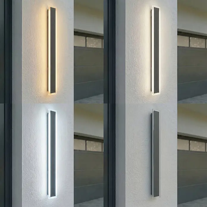 Lucande LED Wandleuchte aussen in schwarz, Aussenlampe Wand -  - Rechteckige LED-Wandleuchte mit dunkelgrauem Korpus und transluzentem Rand, leuchtend in Warmweiß, Kaltweiß und ausgeschaltetem Zustand.