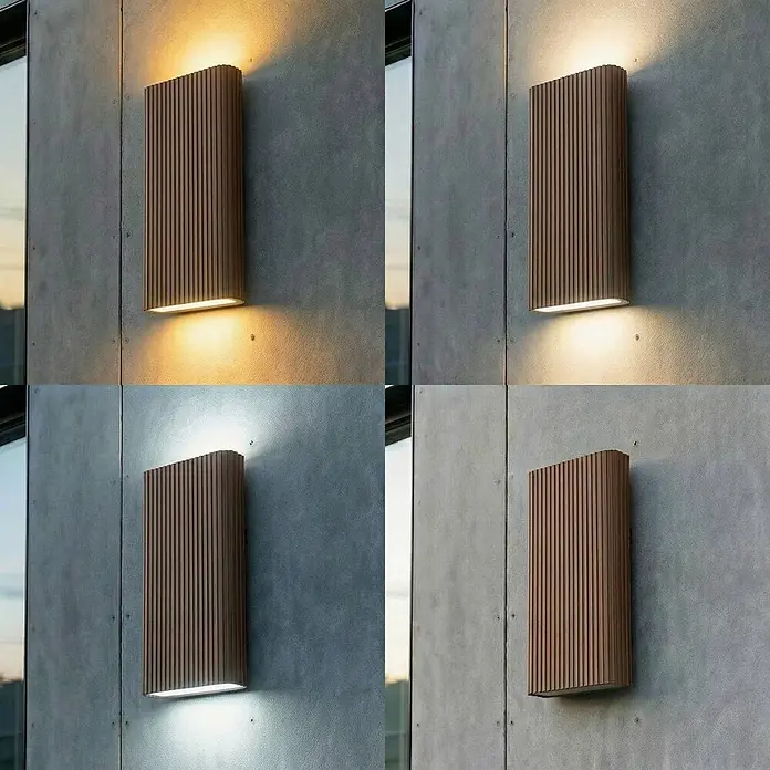 Lucande Außenwandleuchte Raija - braun / rost, IP54 - Braune, rechteckige Lamellen-Außenwandleuchte, zeigt warmes, neutrales und kaltweißes Up/Down-Licht sowie ausgeschaltet.