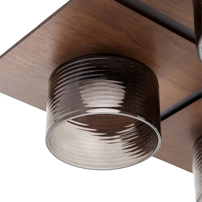 Lucande Deckenleuchte Eiko - L x B x H: 41,5 x 41,5 x 12 cm, Holz dunkel, schwarz - Gerippter, rauchfarbener Glaszylinderschirm an dunkelbrauner Holzplatte, mit schwarzen Metallakzenten.