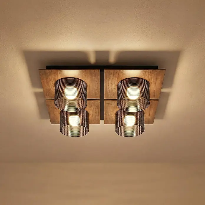 Lucande Deckenleuchte Eiko - L x B x H: 41,5 x 41,5 x 12 cm, Holz dunkel, schwarz - Quadratische Holzdeckenleuchte mit vier zylindrischen, drahtummantelten Leuchten, die warmes Licht abgeben.
