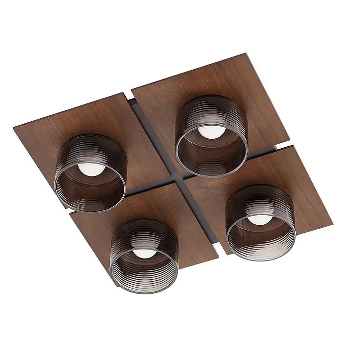 Lucande Deckenleuchte Eiko - L x B x H: 41,5 x 41,5 x 12 cm, Holz dunkel, schwarz - Deckenleuchte aus dunklem Holz mit vier quadratischen Paneelen, je mit dunklem geripptem Zylinderschirm und weißer Glühbirne.