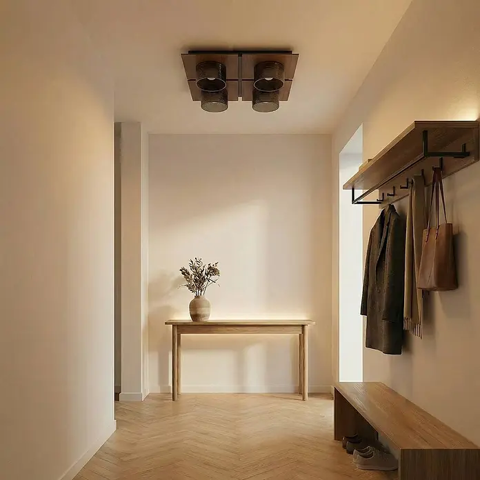 Lucande Deckenleuchte Eiko - L x B x H: 41,5 x 41,5 x 12 cm, Holz dunkel, schwarz - Stilvoller Holz-Eingangsbereich mit moderner Deckenleuchte, wandmontierter Garderobe mit Ablage, Konsole und Sitzbank.