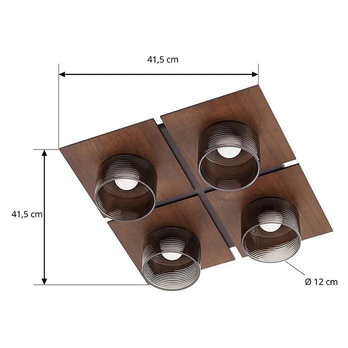 Lucande Deckenleuchte Eiko - L x B x H: 41,5 x 41,5 x 12 cm, Holz dunkel, schwarz - Quadratische Deckenleuchte mit dunkler Holzbasis und vier dunklen, gerippten Glasschirmen, 41,5 cm quadratisch, Ø 12 cm Schirme.