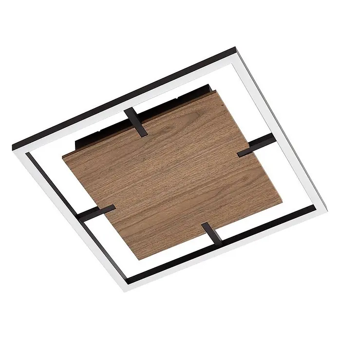 Lucande Deckenleuchte Vectra - L x B x H: 50 x 50 x 6,7 cm, schwarz, Holz dunkel - Quadratische Deckenleuchte mit Holzplatte, schwarzen Akzenten und Chromrahmen.