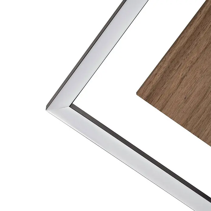 Lucande Deckenleuchte Vectra - L x B x H: 50 x 50 x 6,7 cm, schwarz, Holz dunkel - Eckstück eines silbernen LED-Profils mit weißem Lichtstreifen, neben einer braunen Holzplatte.