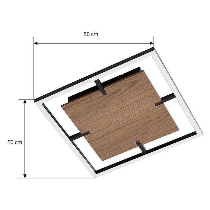 Lucande Deckenleuchte Vectra - L x B x H: 50 x 50 x 6,7 cm, schwarz, Holz dunkel - Quadratische Tischplatte aus Holz mit schwarzen Metallstützen und weißem Rahmen, 50x50 cm.
