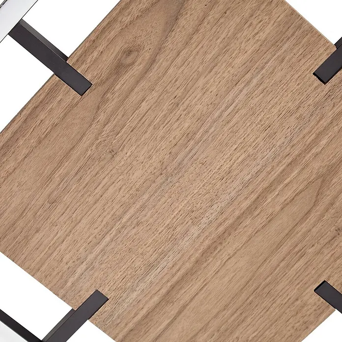 Lucande Deckenleuchte Vectra - L x B x H: 50 x 50 x 6,7 cm, schwarz, Holz dunkel - Helle Holzplatte mit dunklen Metallstützen, von oben gesehen.