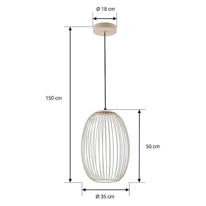 Lucande LED Hängelampe außen in beige, weiß, Pendelleuchte aussen -  - Beige Pendelleuchte mit schwarzem Kabel, ovalem Drahtkäfigschirm. Gesamtlänge 150cm, Ø18cm Deckenrosette, Schirm H50cm, Ø35cm.
