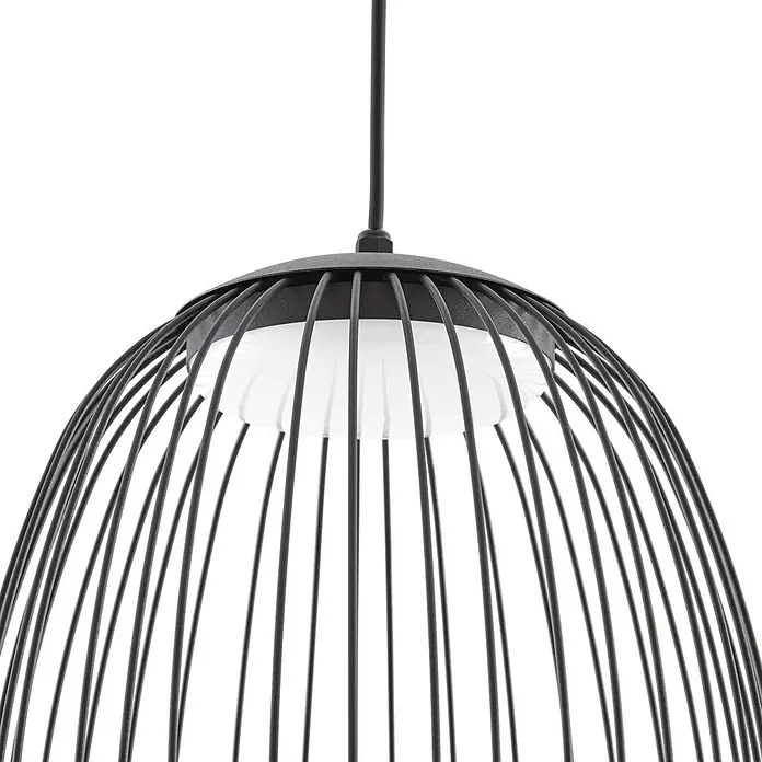 Lucande LED Hängelampe außen in schwarz, weiß, Pendelleuchte aussen -  - Schwarze Pendelleuchte aus Metalldrahtgeflecht mit weißem Diffusor, an schwarzer Schnur hängend.