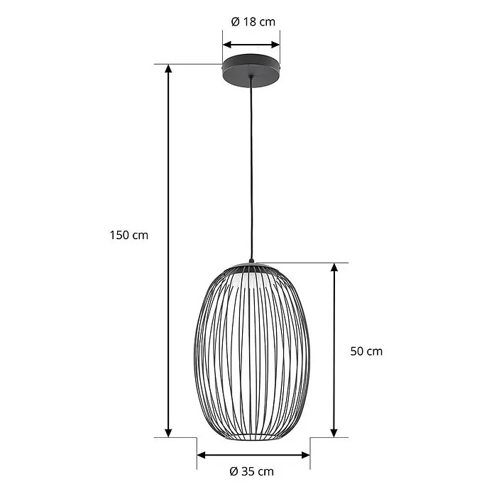 Lucande LED Hängelampe außen in schwarz, weiß, Pendelleuchte aussen -  - Schwarze Metall-Drahtpendelleuchte. Gesamthöhe: 150cm, Schirm H: 50cm, Ø: 35cm. Deckenrosette Ø: 18cm.
