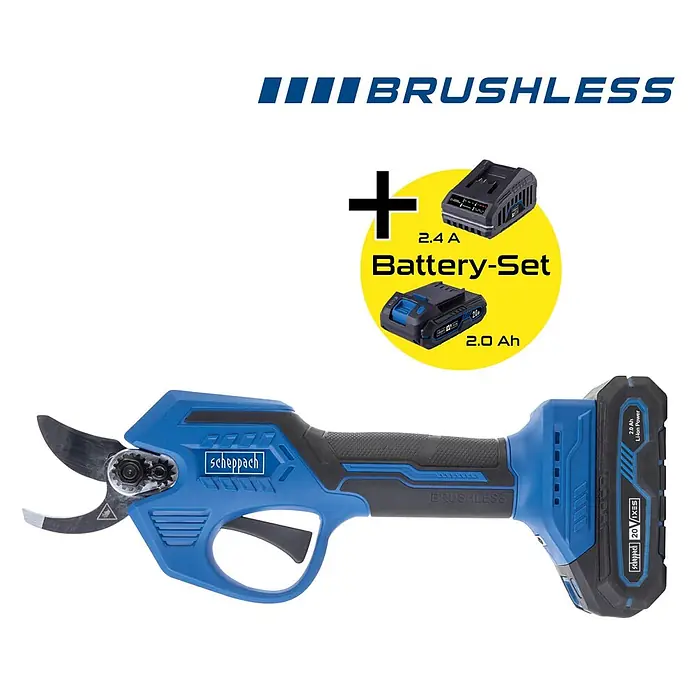 Scheppach IXES 20V Akku-Astschere BC-PRS28-X Set S - 20 V, 1 Akku, Li-Ionen - Blau-schwarze, bürstenlose Akku-Astschere mit Akku und separatem Lade- und Akkuset.