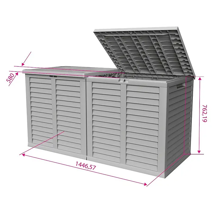 Jelenia Plast Garten-Aufbewahrungsbox XXL - L x B x H: 155 x 66 x 80 cm, Kunststoff, Anthrazit - Zwei graue Kunststoff-Gartenboxen, eine offen, eine geschlossen, mit Maßen für Länge, Breite und Höhe.