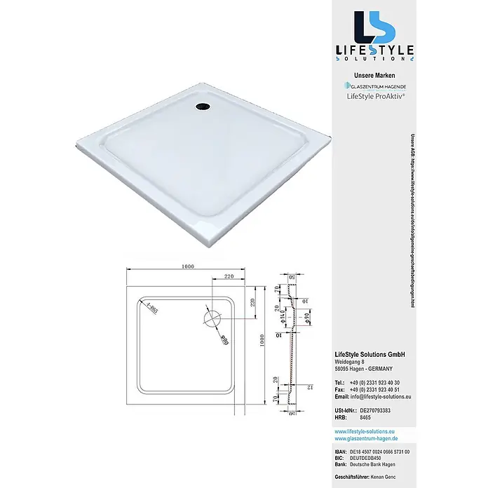 Glaszentrum Hagen U-Duschkabine GZH 100x100x100x195cm Mille U-Duschkabine inkl. Tasse - Imprägniert, Farblos - Weiße quadratische Duschwanne mit zentralem Abfluss, ergänzt durch detaillierte technische Maßzeichnungen.