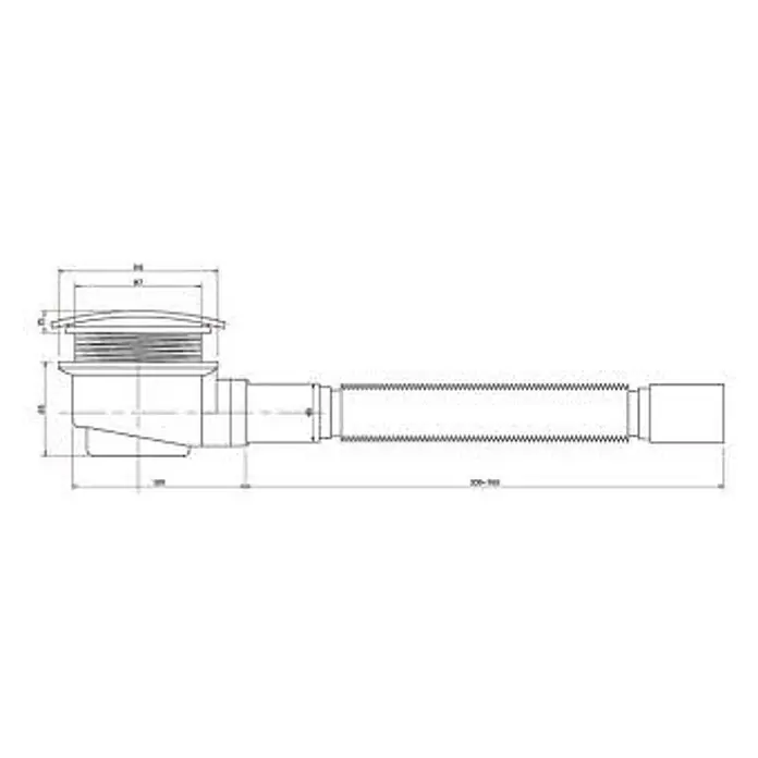 Glaszentrum Hagen U-Duschkabine GZH 100x90x100x195cm Mille U-Duschkabine inkl. Tasse + Siphon - Imprägniert, Farblos - Technische Zeichnung eines Badablaufs mit flexiblem, ausziehbarem Schlauch.