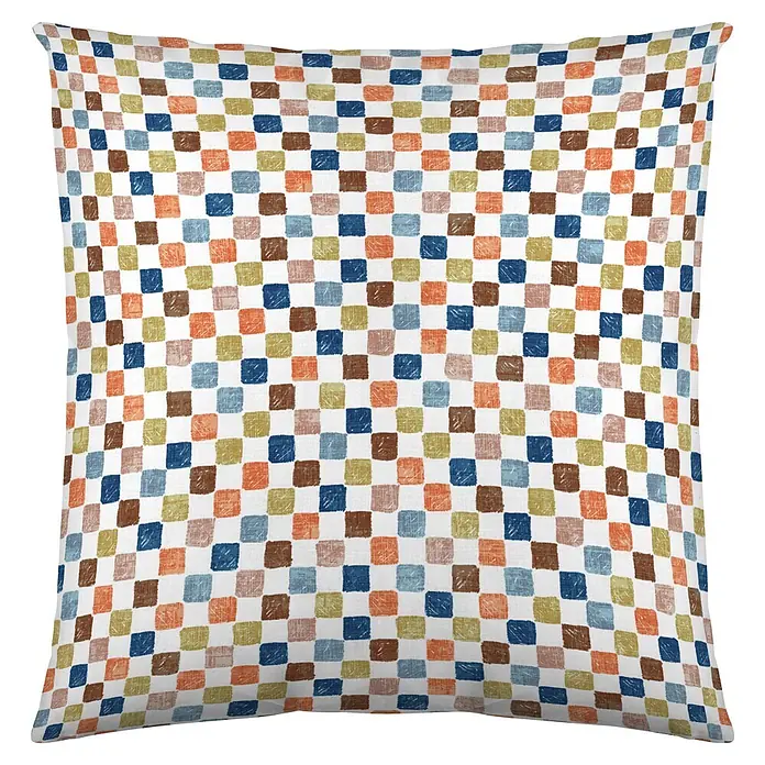 Cojín cuadros - 45 x 45 cm, Textil, Cuadros, Rectangular - Cojín cuadrado con patrón de cuadros multicolor: cuadrados azules, marrones, naranjas y verdes sobre blanco.