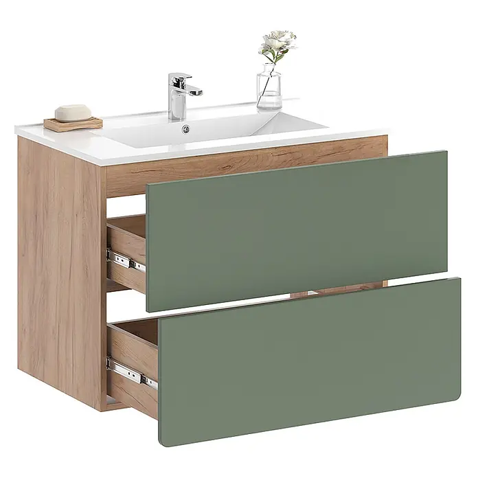 Vicco Badmöbel-Set Izan Goldkraft Eiche/Grün 2-teilig - Goldkraft Eiche, Matt - Badezimmerunterschrank in Holzoptik mit weißem Waschbecken, Chromarmatur und zwei leicht geöffneten, mattgrünen Schubladen.