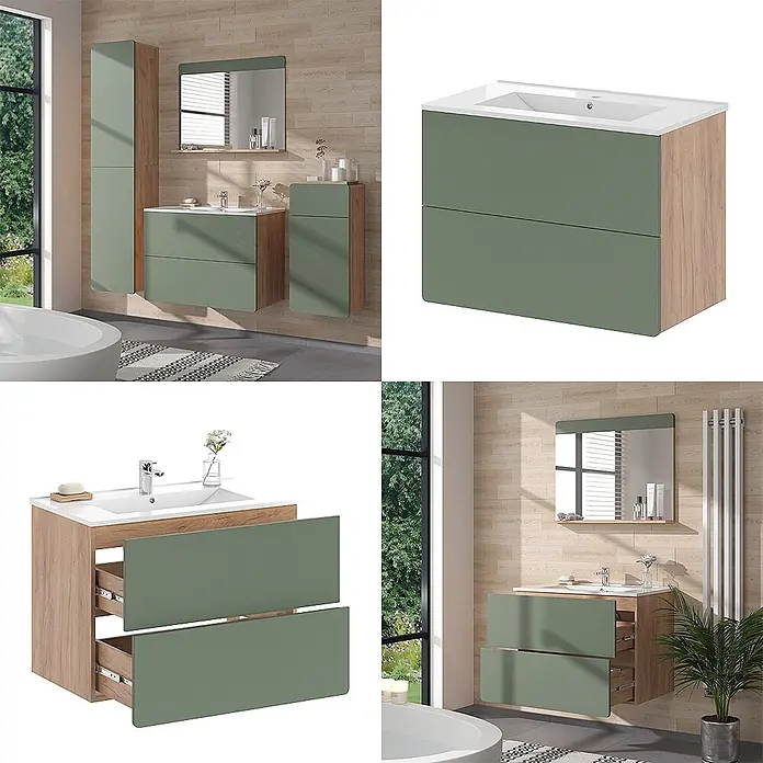 Vicco Badmöbel-Set Izan Goldkraft Eiche/Grün 2-teilig - Goldkraft Eiche, Matt - Grüne Badmöbel mit Holzoptik, integriertem Waschbecken und zwei Schubladen.