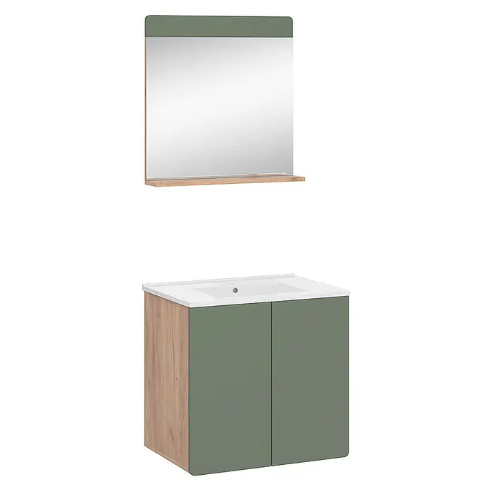 Vicco Badmöbel-Set Izan Goldkraft Eiche/Grün 3 Teile mit Spiegel - Goldkraft Eiche, Matt - Badezimmer-Waschtischset in Grün und Holzoptik mit Spiegel, Ablage und Waschbeckenunterschrank.