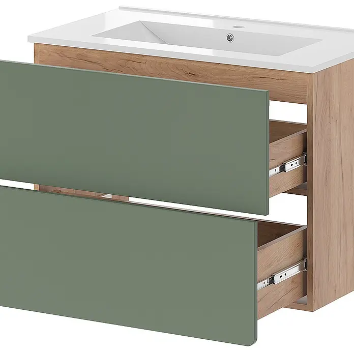 Vicco Badmöbel-Set Izan Goldkraft Eiche/Grün 2-teilig - Goldkraft Eiche, Matt - Waschtisch mit weißem Keramikbecken auf hellem Holzdekor-Unterschrank, zwei teilweise geöffneten Schubladen mit matt salbeigrünen Fronten.