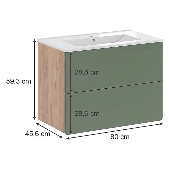 Vicco Badmöbel-Set Izan Goldkraft Eiche/Grün 2-teilig - Goldkraft Eiche, Matt - Grüner Waschtischunterschrank mit Waschbecken, Holzseite und zwei Schubladen. Maße: 80x45.6x59.3 cm.