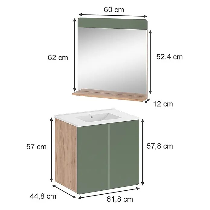 Vicco Badmöbel-Set Izan Goldkraft Eiche/Grün 3 Teile mit Spiegel - Goldkraft Eiche, Matt - Grün-Holz-Badunterschrank (61,8x44,8x57,8 cm) mit weißem Waschbecken & passendem Spiegel (60x62 cm) mit Ablage.