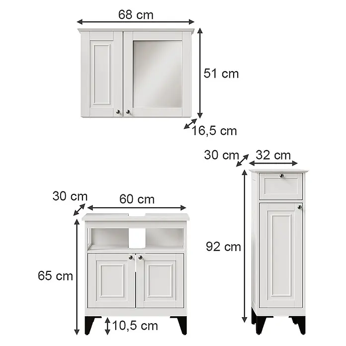 Vicco Badmöbel-Set Vanity Weiß 3 Teile - Weiß, Matt - Weißes Badmöbel-Set: Spiegelschrank, Waschtischunterschrank und Hochschrank mit Maßen.