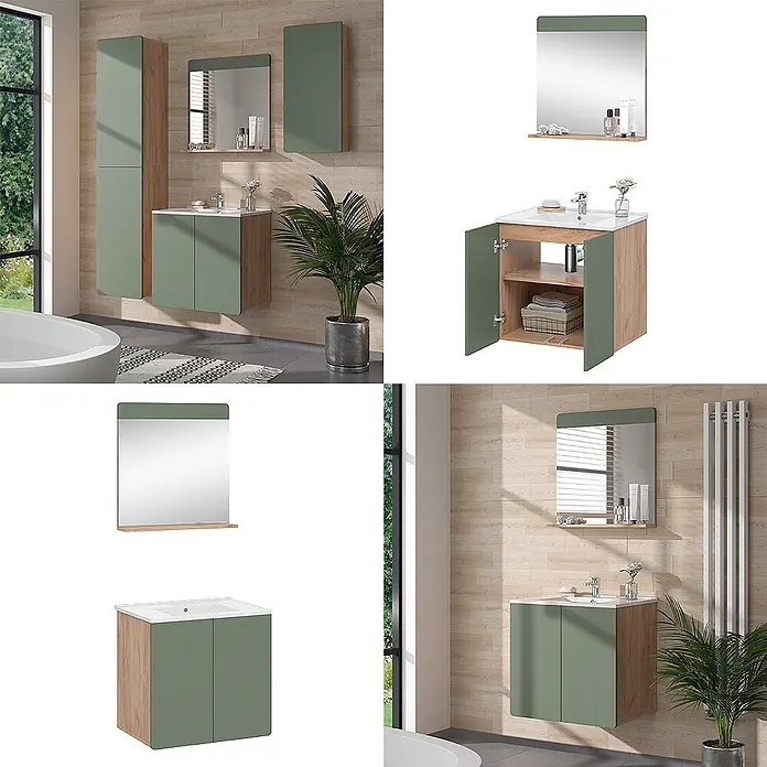 Vicco Badmöbel-Set Izan Goldkraft Eiche/Grün 3 Teile mit Spiegel - Goldkraft Eiche, Matt - Modernes Badezimmermöbelset: Waschtisch in Holzoptik mit salbeigrünen Türen, Hochschrank, Wandschrank und Spiegel mit Ablage.
