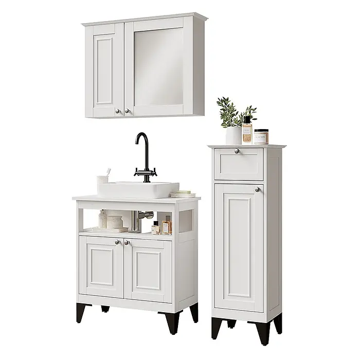 Vicco Badmöbel-Set Vanity Weiß 3 Teile - Weiß, Matt - Weißes Badezimmer-Set mit Spiegelschrank, Waschtischunterschrank mit Aufsatzwaschbecken und hohem Aufbewahrungsschrank.