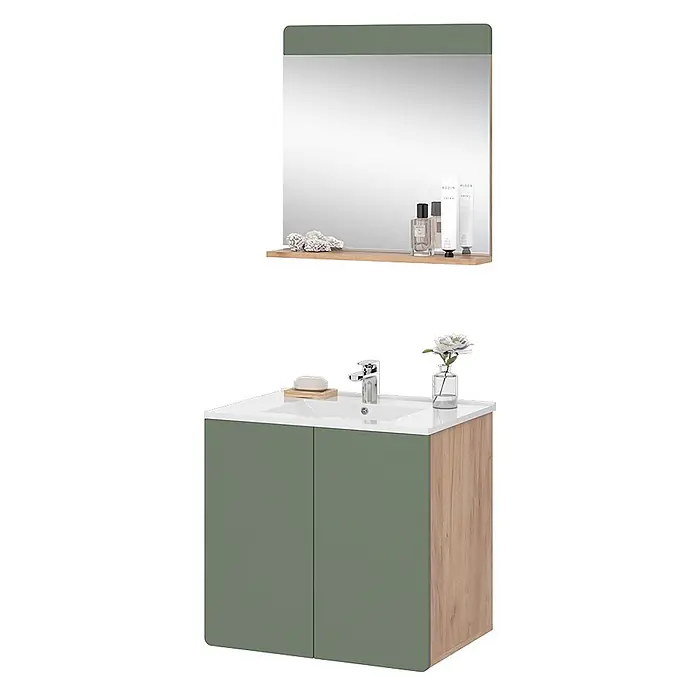 Vicco Badmöbel-Set Izan Goldkraft Eiche/Grün 3 Teile mit Spiegel - Goldkraft Eiche, Matt - Badezimmerset aus Salbeigrün und Holz mit weißem Waschbecken und passendem Spiegel mit Holzablage.