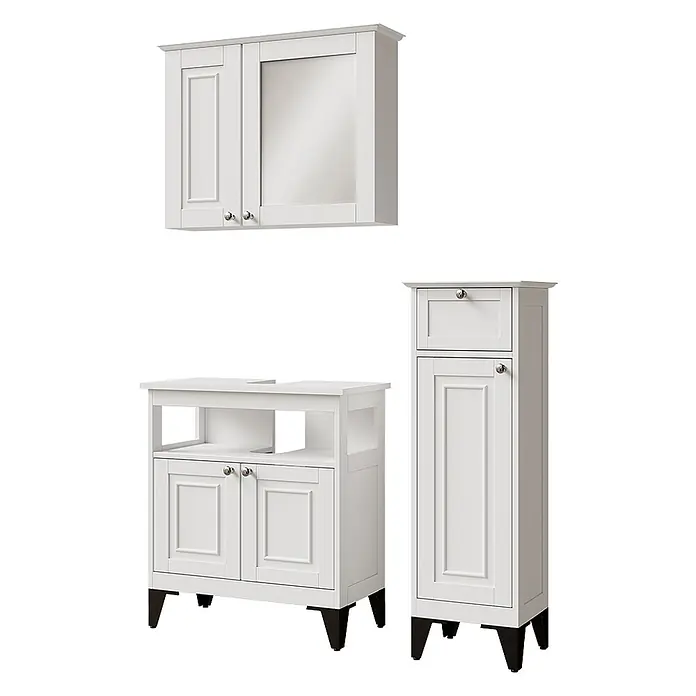 Vicco Badmöbel-Set Vanity Weiß 3 Teile - Weiß, Matt - Weißes Badezimmermöbel-Set: Spiegelschrank, Waschbeckenunterschrank und hoher Aufbewahrungsschrank, mit klassischem Paneeldesign und dunklen Beinen.